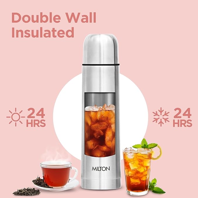 Milton Thermosteel Flip Lid Flask 350, Double Walled Vacuum Insulated Thermos 350 ml | 12 oz | 24 Hours Hot and Cold Water Bottle with Cover, 18/8 Stainless Steel, BPA Free, Leak-Proof | Silver