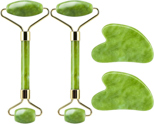 2 Pack – Jade Roller & Gua Sha Facial Tools Set for Face & Body – Face Sculpting, Puffiness & Wrinkle Reducer – Self-Care Beauty Gift for Women & Men