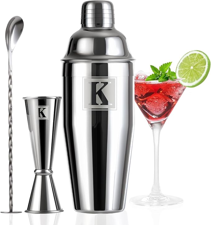 24oz Cocktail Shaker Set with 1 oz 2oz Jigger - Monogramm Initials Martini Shaker Set - 304 Stainless Steel Bar Shaker for Margarita,Mojito-Personalized Gift for Friend,Husband-K