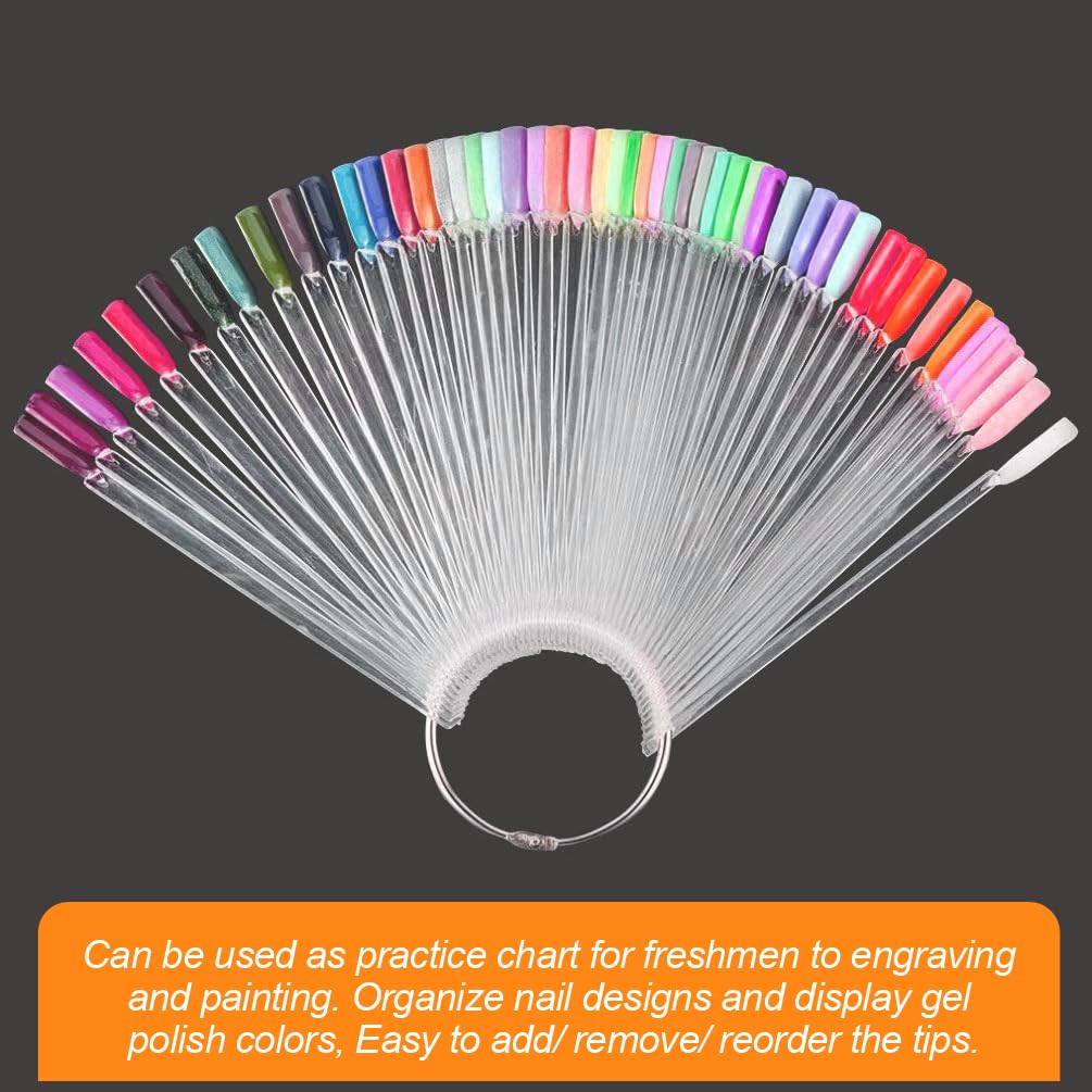 JASSINS 100 Pcs Clear Fan-shaped False Nail Swatch Sticks Nail Polish Practice Display Art Tips Nail Sample Sticks With Metal Split Ring
