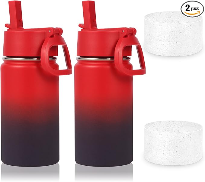 Volhoply 14oz KIds Water Bottle with Straw Lid and Silicone Boot Bulk 2 Pack,Stainless Steel Insulated Cups for Boys & Girls Multipack,Double Wall Vacuum Leakproof Bottles(Red Purple,2)