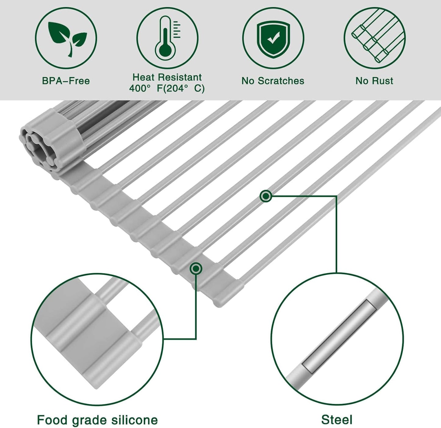 Roll Up Dish Drying Rack Over The Sink Kitchen Roll Up Sink Drying Rack Multipurpose Foldable Sink Drying Mat, Heat-Resistant, Anti-Slip & Anti-Rust Dish Rack for Kitchen, 20.5" x 13", Grey