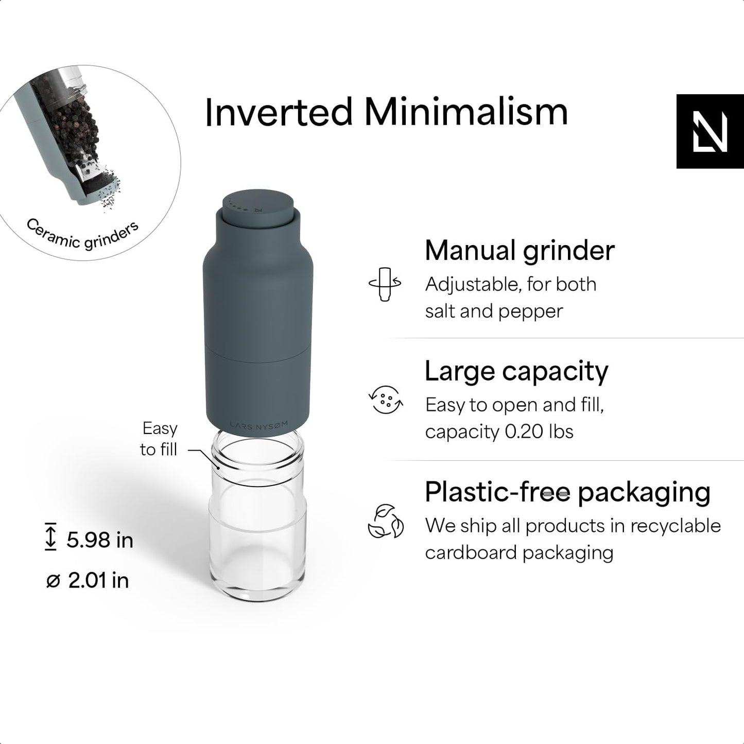 LARS NYSØM Salt and Pepper Grinder Set, Stainless Steel Manual Salt and Pepper Mills, Adjustable Ceramic Grinder, Design Spice Shakers (Blue)