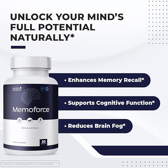 MemoForce - Natural Supplement with Ginkgo Biloba, Bacopa Monnieri for Brain & Memory Support | Non-GMO, Stimulant-Fre | Made in The USA, GMP-Certified | 30 Capsules - 1 Month Supply