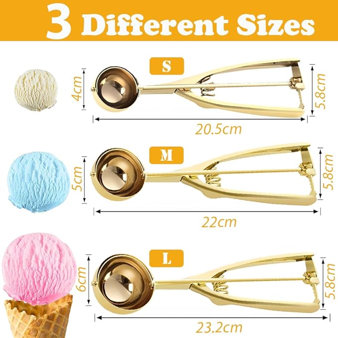 Gold Ice Cream Scoop 304 Stainless Steel Cookie Scoops for Baking Melon Baller with Trigger 3 Sizes (Gold, L)