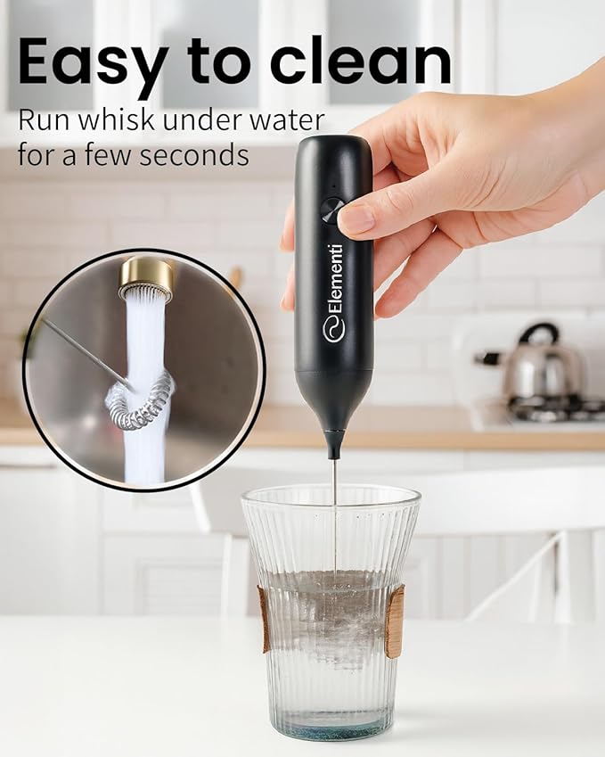 Elementi Milk Frother Wand Rechargeable Drink Mixer - Powerful USB-C Rechargeable Frother Handheld & Coffee Mixer Wand - Hand Held Milk Foamer to Make Perfect Cappuccinos, Lattes & Drink Mixes (Black)