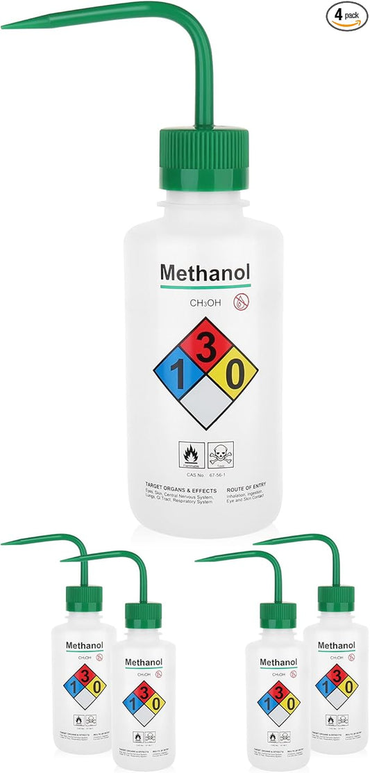 4pcs of Methanol Wash Bottles, Vol.500ml (17oz), Narrow Mouth, Self-Venting Safety Wash Bottles, LDPE Material, IN-WBM500
