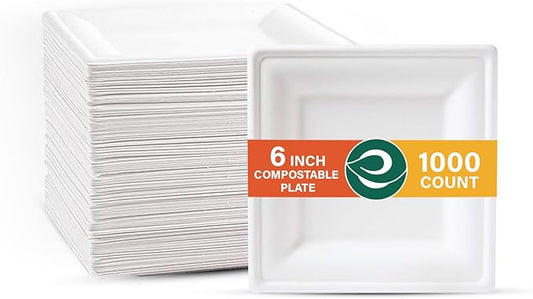 ECO SOUL Compostable Paper Plates 6 Inch (1000 Count) Heavy Duty Disposable Dessert Plates, Eco-Friendly Sugarcane Bagasse Small Plates For Appetizer- White