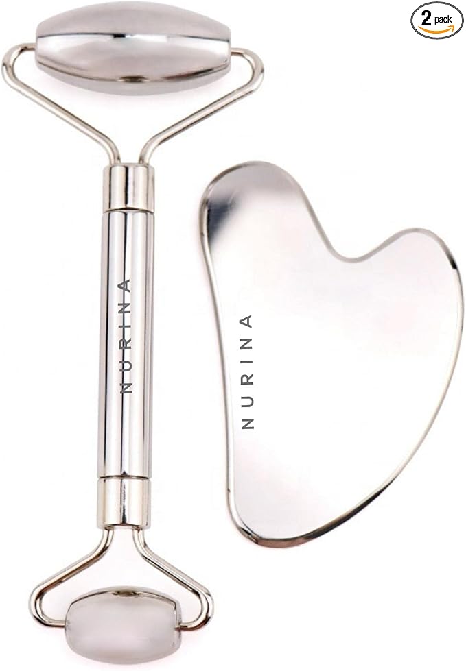 NURINA Pure Stainless Steel Ice Roller Face Roller & Gua Sha Set Double-Sided Facial Tools Face Massager Skin Care Set Gua Sha for Face Neck Body Anti-Wrinkle Facial Massage Kit