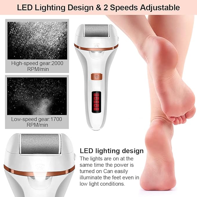 Electric Foot File Callus Remover, Rechargeable Pedicure Tools Foot Care Kit, Callus Remover for Feet with 3 Roller Heads,2 Speed, Display for Remove Cracked Heels Calluses and Hard Skin