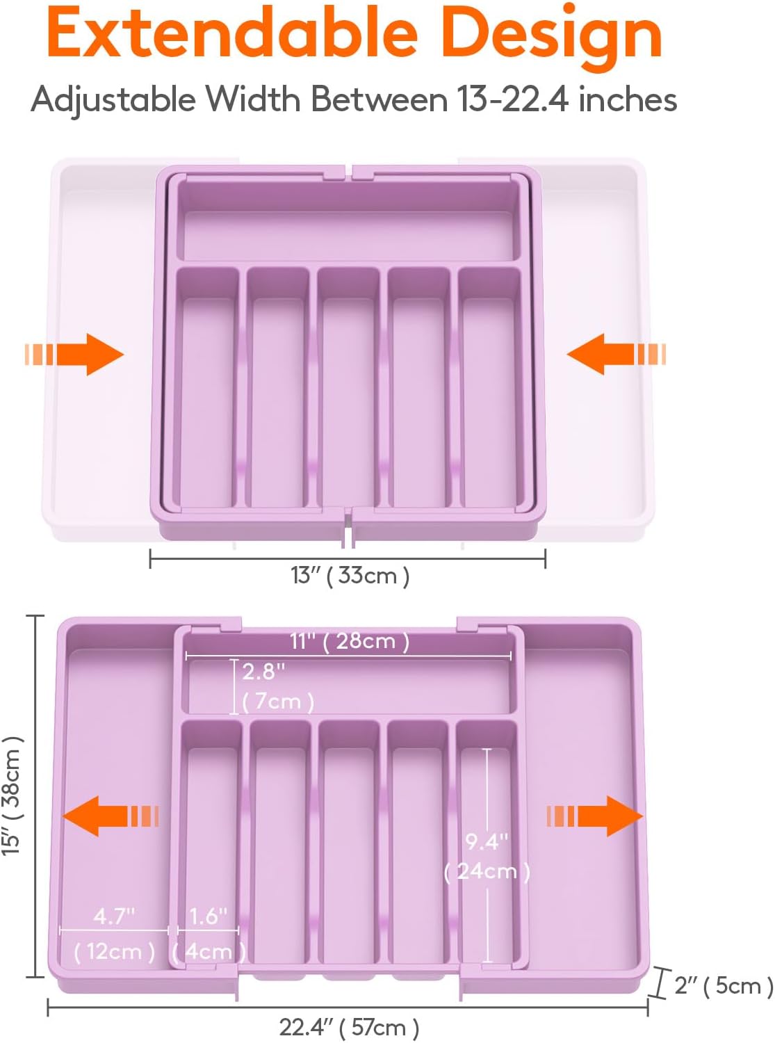 Lifewit Silverware Drawer Organizer, Expandable Utensil Tray for Kitchen, BPA Free Flatware and Cutlery Holder, Adjustable Plastic Storage for Spoons Forks Knives, Large, Purple