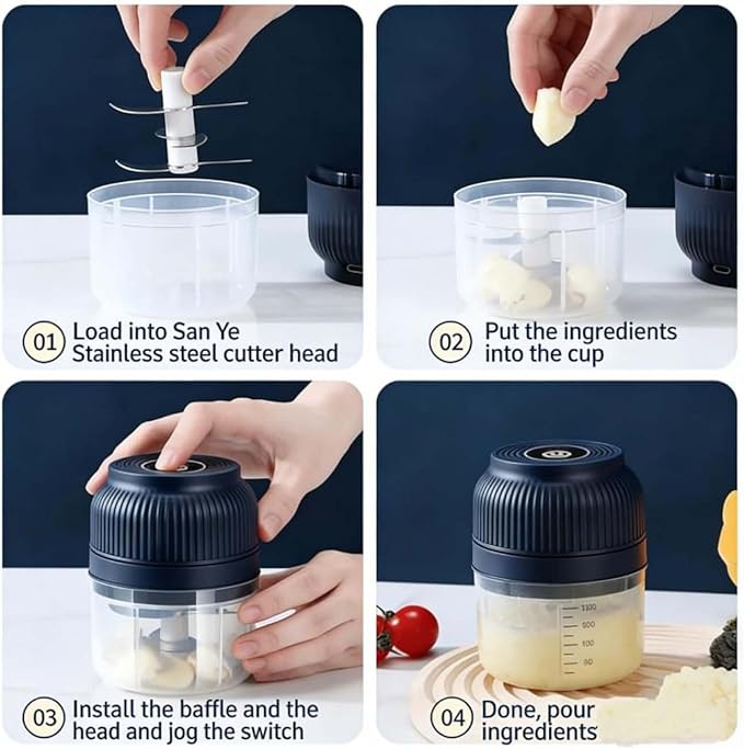 Electric Garlic Chopper, Mini Portable Veggie Cutter with 4/6 Stainless Steel Blades, Portable Wireless Rechargeable Mini Electric Garlic Food Chopper for Garlic, Onion, Chili, Nuts (Green,250ML)