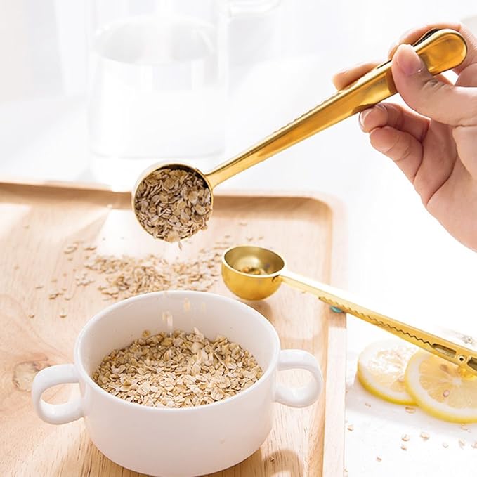 Coffee Scoop, Stainless Steel Golden Multi Function Coffee Measuring Spoon，Great Measuring Coffee, Tea，Protein Powder, Instant Drinks More - Perfect Coffee Spoon Bag Clip