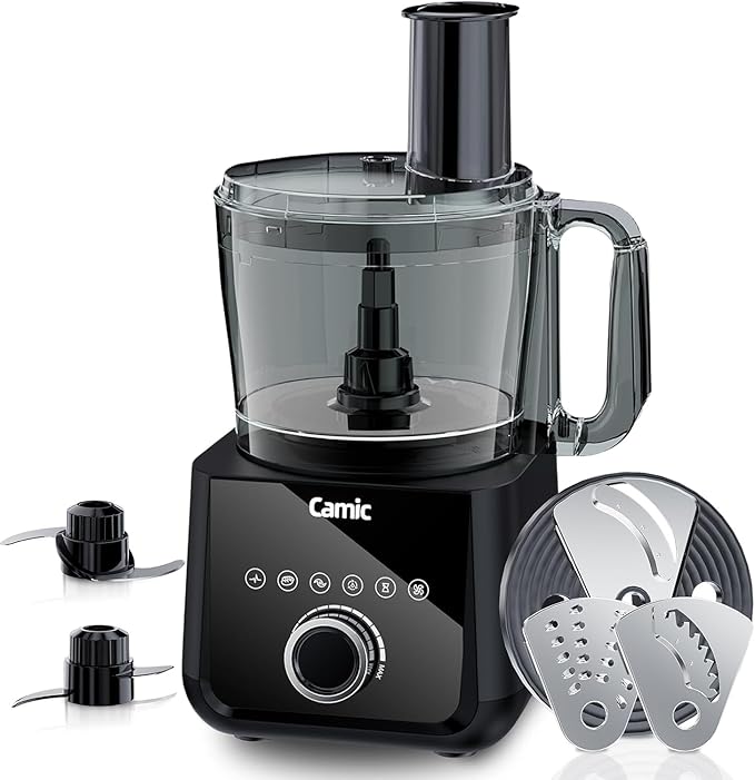 Camic Food Processor, 600W, Shredding and Slicing, French Fries Cutter, Kneading, Meat and Vegetable Chopping, Ice Crushing, 6 Presets, Easy to Operate and Clean for Home Use (Standard Version)