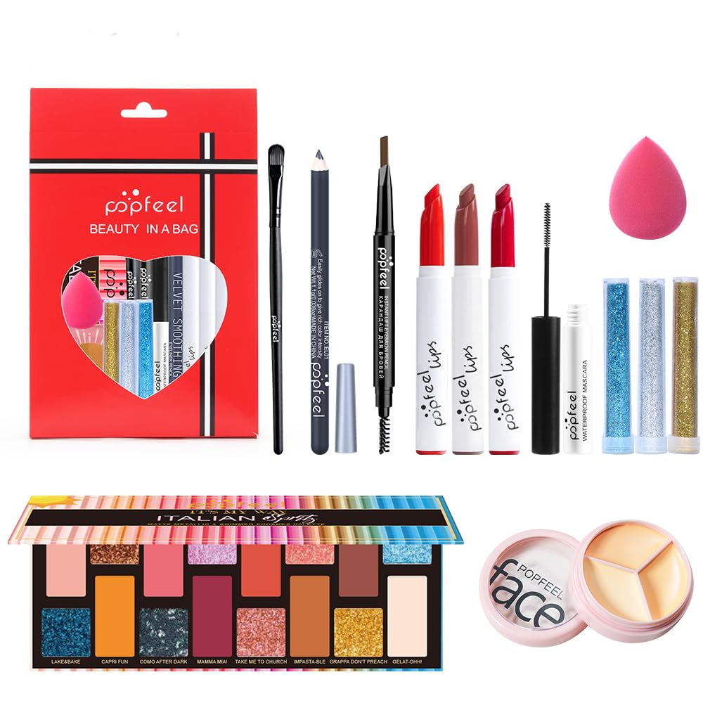 All in One Eyeshadow Palette Makeup Set, Makeup Kit with Rich Color Matte Matalic Shimmer Shadow, Mascara, Concealer Lipstick,Travel Makeup Bundle Holiday Surprising Makeup Box for Women Girl