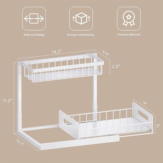 VUSIGN 2 Pack Under Sink Organizer and Storage, 2 Tier Under Cabinet Organizer for Bathroom Kitchen with Pull Out Storage Shelf Drawer, White
