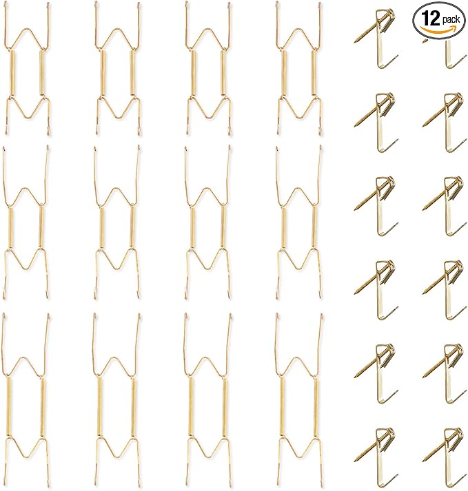 Bilillo 12 Pieces Invisible Wall Plate Hangers 6/8/10 Inches Wall Plate Hangers Stainless Steel Decorative with 12 Pieces Hook with Nails Suitable for 6-11 inch Decorative Antique and Arts(Gold)