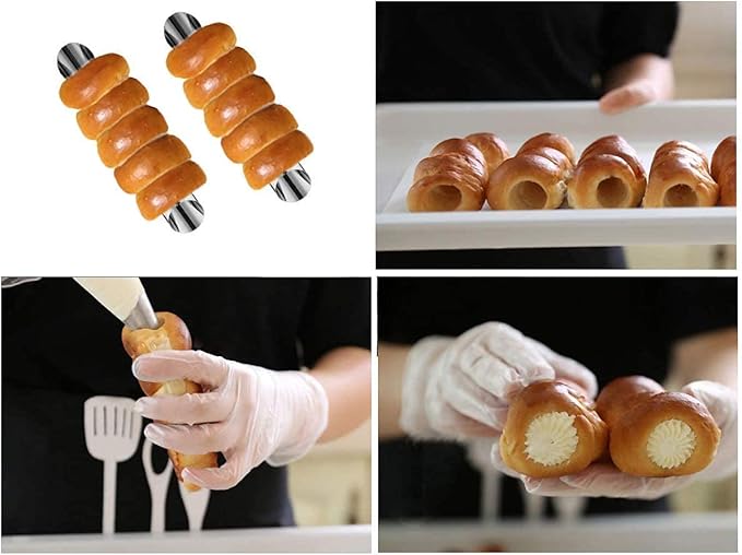 10 Pack Croissant Baking Forms 5 Inch + 10 Pack 5 Inch Cannoli Tube Moulds Kit, with Blue Pastry Bags Reusable, Cleaning Brush and Quality long Cream Icing Piping Tip for DIY Croissant Rolls