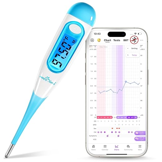 Easy@Home Digital Basal Thermometer with Blue Backlight LCD Display, 1/100th Degree High Precision and Memory Recall, NOT Bluetooth Enabled – Supports Premom App Scan, Blue