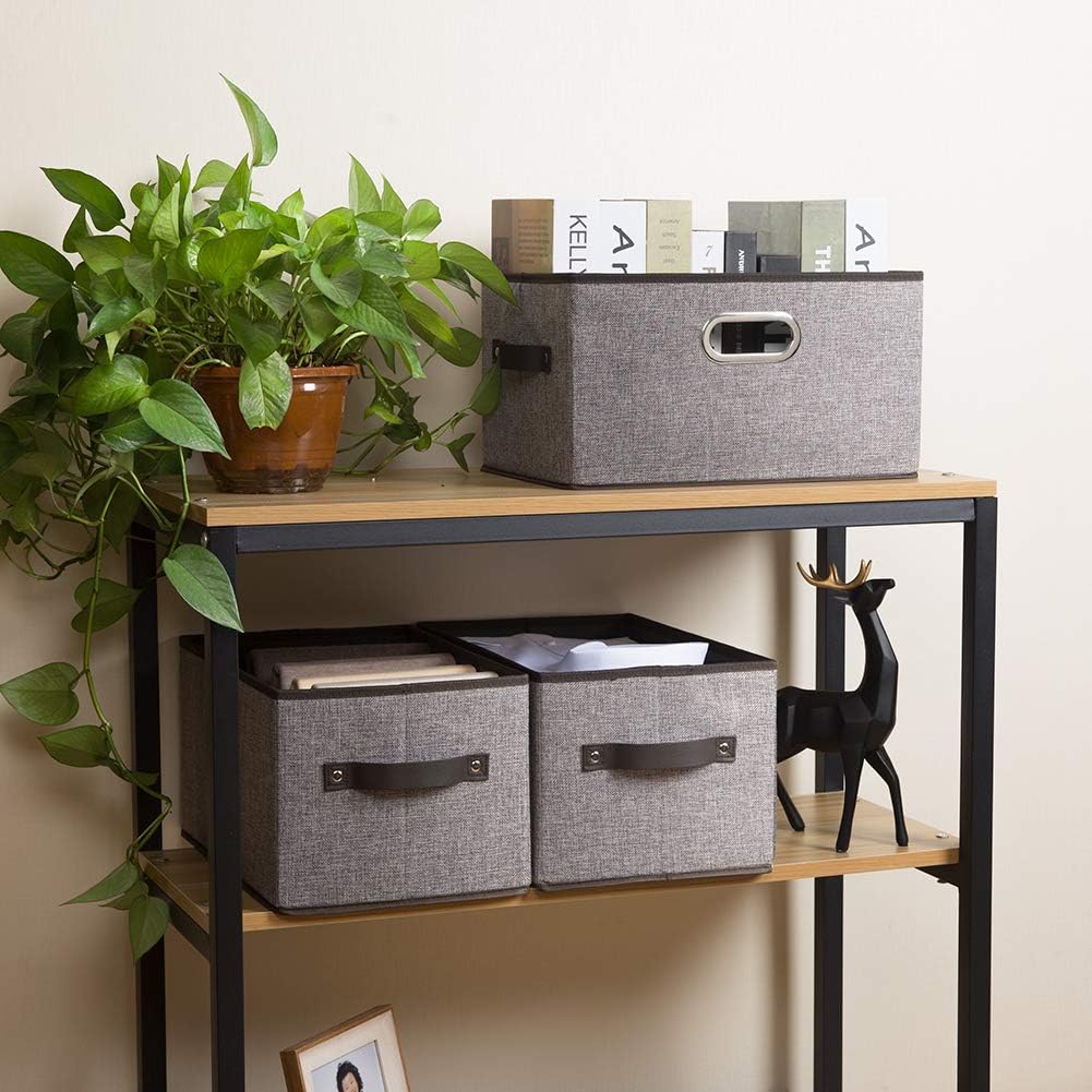 PRANDOM Large Collapsible Storage Baskets for Closet [5-pack] Decorative Fabric Storage Bins Cubes with Leather/Metal Handles for Shelves Bedroom Living Room Grey (14.9x9.8x8.3 Inch)