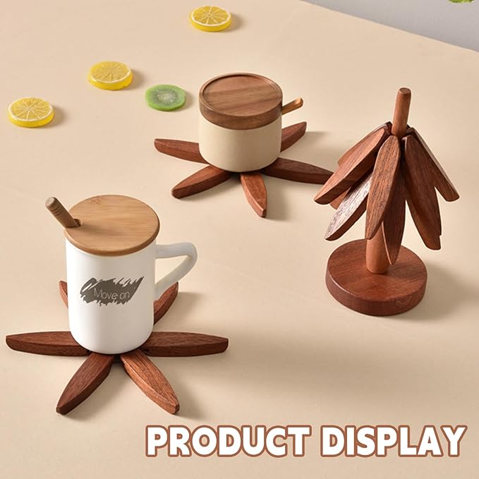 Natural Foldable Black Walnut Wooden Trivet Set - 4 Trivets + 1 Stand for Hot Dishes, Pot, Bowl, Teapot, Hot Pot Holders(Black Walnut)