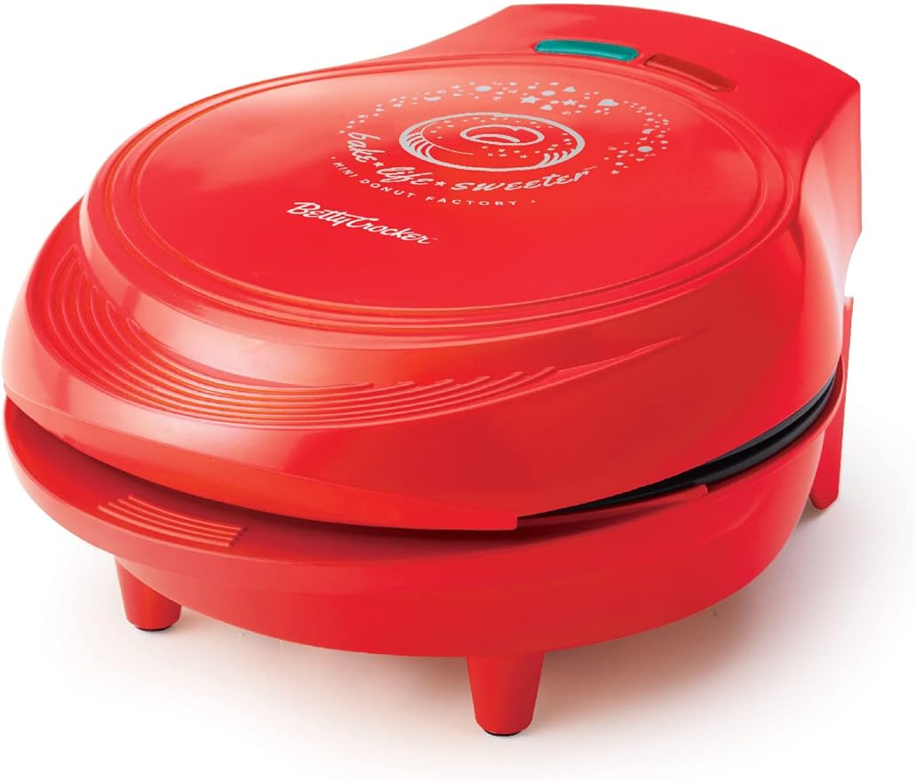 BETTY CROCKER Donut Maker, Mini Donut Maker with Nonstick Surface, Mini Donut Maker Machine with Cool Touch Handle & Makes 7 Delicious Fresh Donuts in Minutes, Red