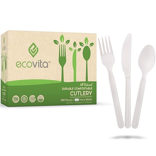 Ecovita 100% Compostable Forks Spoons Knives Cutlery Combo Set - 380 Large Disposable Utensils (7 in.) Eco Friendly Durable and Heat Resistant Alternative to Plastic Silverware with Convenient Tray