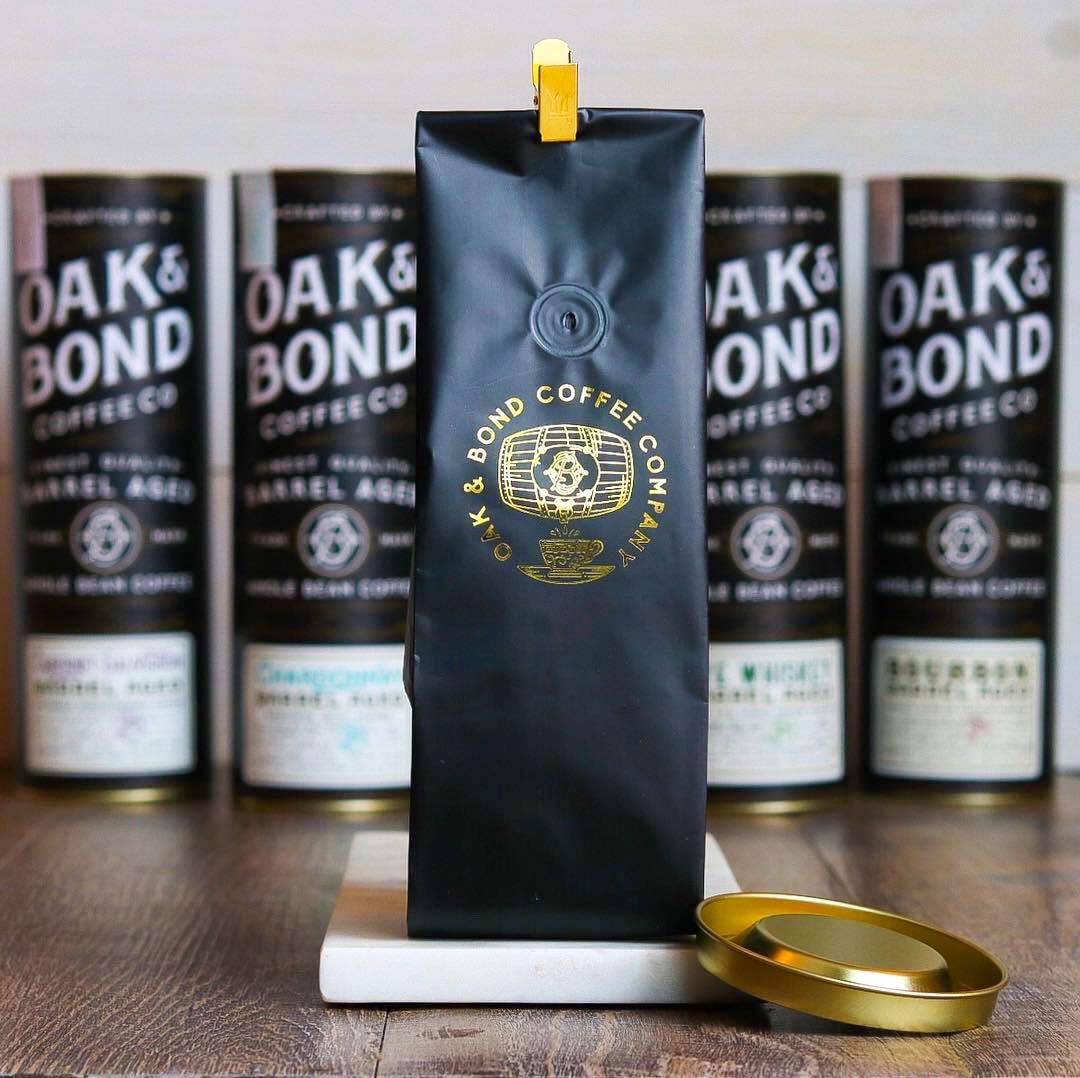 Rye Whiskey Barrel Aged Coffee, Costa Rica Single Origin Small Family Farm Whole Coffee Bean, Medium Roast w/Flavor Notes of Cocoa, Almond, Sweet Rye, Green Apple by Oak & Bond Coffee Co. – 10oz.