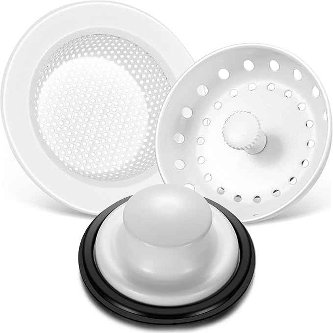 Mudder 3 Pcs Kitchen Sink Drain Strainer and Stopper Stainless Steel Garbage Disposal Plug with Handle Universal Anti-Clogging Kitchen Sink Filter Sieve Basket Strainer(Porcelain White)