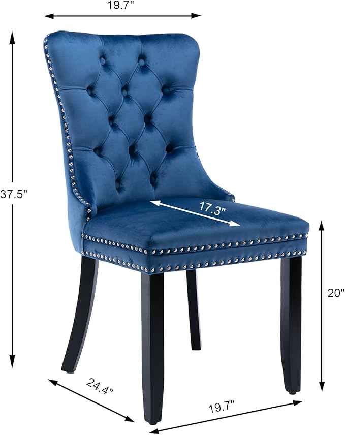 Upholstered Dining Chairs Set of 2, Velvet Dining Room Chairs with Back Ring Pull Trim and Solid Wood Legs, Tufted Wingback Kitchen Chair Perfect for Dining Room,Living Room,Kitchen(Blue)