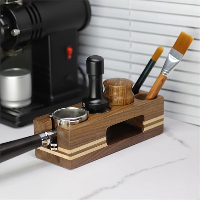 Walnut Wood Coffee Filter Holder, Espresso Tamper Mat Stand, Coffee Maker Support Base Rack, Barista Accessories(Black)
