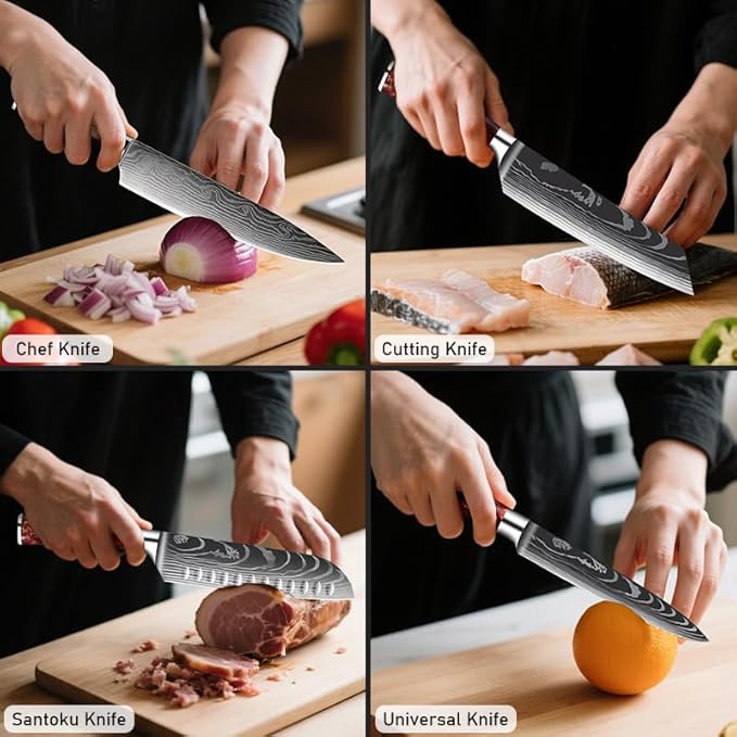 10-Piece Premium Japanese Kitchen Knife Set - Imperial Collection, Laser Damascus Pattern, 440A Stainless Steel Ultra Sharp for Fast Cutting (Red)