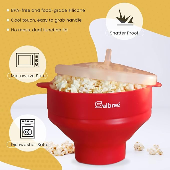 The Original Salbree Collapsible Silicone Microwave Popcorn Popper Maker Machine, Microwavable Bowl Holds 16 Cups, Uses Hot Air and Oil Always Optional - The Most Colors Available (Ruby Red)