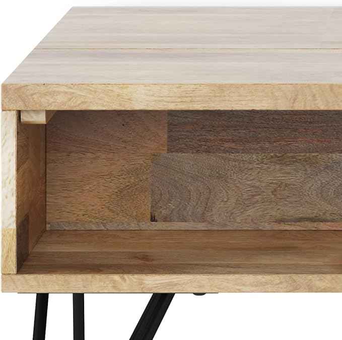 SIMPLIHOME Hunter Small Lift Top Coffee Table - 36 inch Wide Solid Mango Wood and Metal Industrial Cocktail Table in Natural, Living Room Table with Hidden Storage, 2 Cubbies, and Hairpin Legs