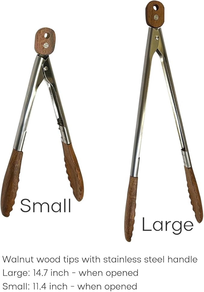 Lee's Clover Wooden Tongs for Cooking with Walnut Wood Tips & Stainless Steel Handle – Food & Kitchen Tongs for Serving, Salad, BBQ, Buffet, Grill (Small)