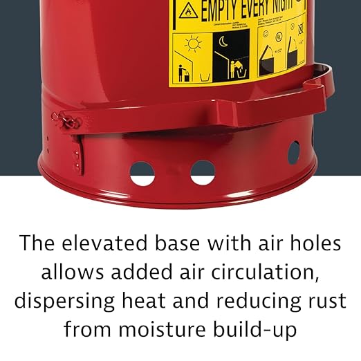 Justrite 21 Gallon Galvanized Steel Oily Waste Can, 23.5" x 18" Metal Oil Rag Safety Can with Foot Operated Self-Closing Lid for Oil Rag Disposal, Made in The USA, Red, 09700