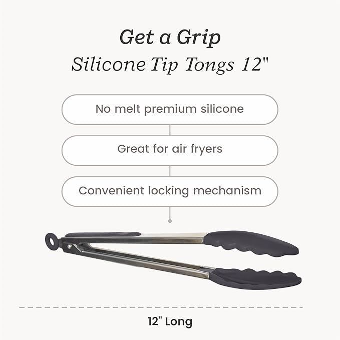 StarPack Premium Silicone Kitchen Tongs 12-Inch - Stainless Steel with Non-Stick Silicone Tips, High Heat Resistant to 600°F, For Cooking, Serving, Grill, BBQ & Salad (Gray Black)