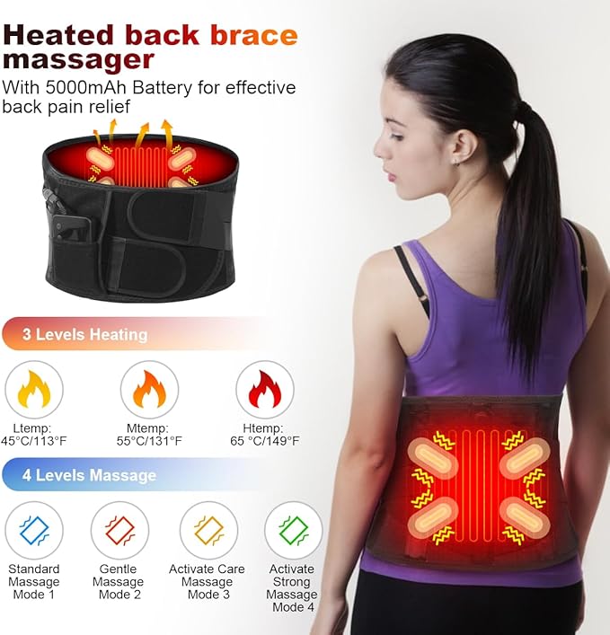 Cordless Heating Pad Back Massager Brace for Lower Back Pain Relief, Heated Back Brace Vibration Wrap with Rechargeable Battery, Heating Lumbar Support Belt with Massage for Cramps (M)