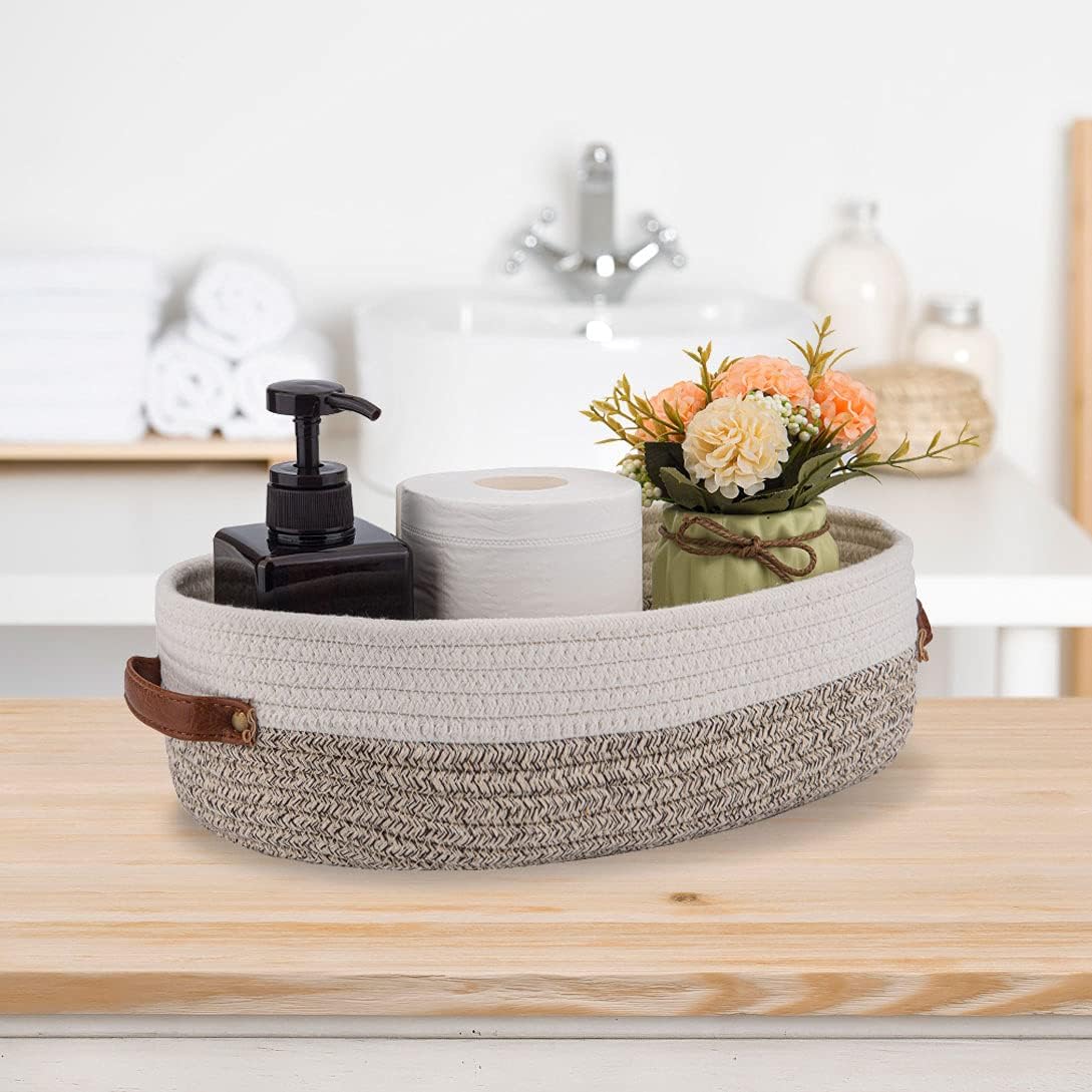Woven Storage Basket for Toilet Tank Top,Farmhouse Home Decor Organizing Basket for Bathroom,Table and Counter 13"x5.9"x4" Apricot Stitching White