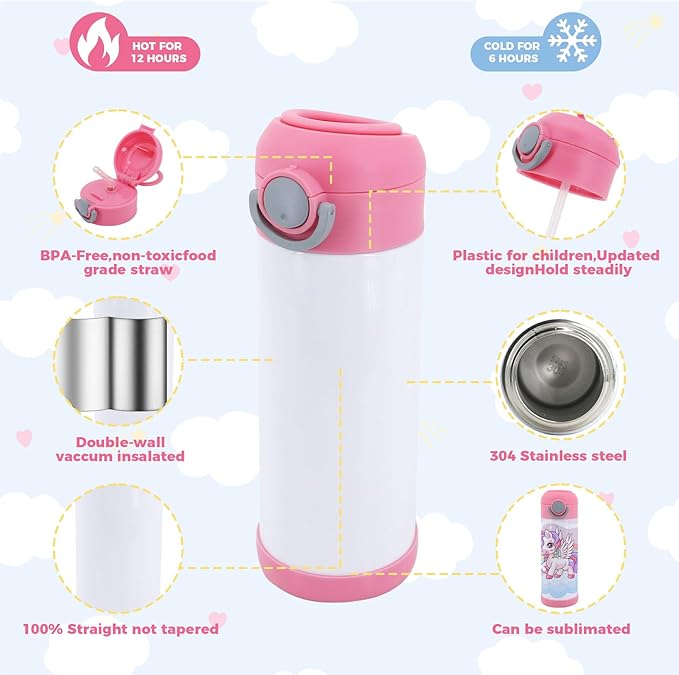 6 Pack 12 OZ Sublimation Straw Sippy Cup Spill Proof Blank Tumblers Mixed Color Stainless Steel Thermoses for Hot Drinks Double Wall Vacuum Insulated Water Bottle for School