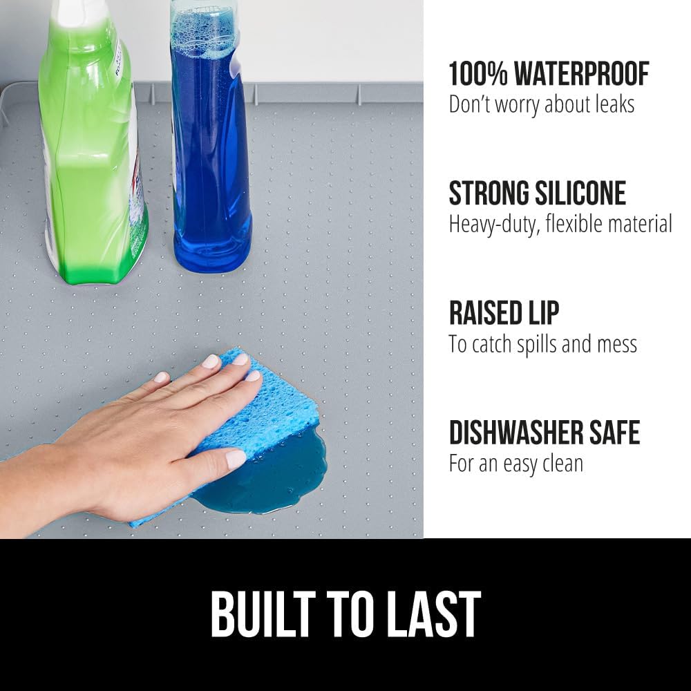 GORILLA GRIP Waterproof Silicone Under Sink Mat with Raised Lip for Kitchen and Bathroom, 46 x 22 in, Cabinet Shelf Liner Stay in Place Mats Dishwasher Safe Drawer Liner, Organizer Tray, Light Grey