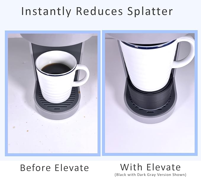 Elevate Anti-Splash Cup Riser Accessory for most Keurig K-cup, Cuisinart Single Serve, and other Coffee Makers, Adjustable for Cup Size and Drip Tray Type (Black with Dark Gray).