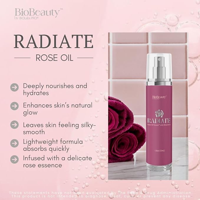 BIOBeauty Rose Oil Serum for Face with Vitamin E, Jojoba Oil & Sunflower Oil, Hydrating & Nourishing Face Oil with Rose Extract for Radiance, Paraben-Free, Non-GMO, Made in USA (1.8 oz - Radiate)