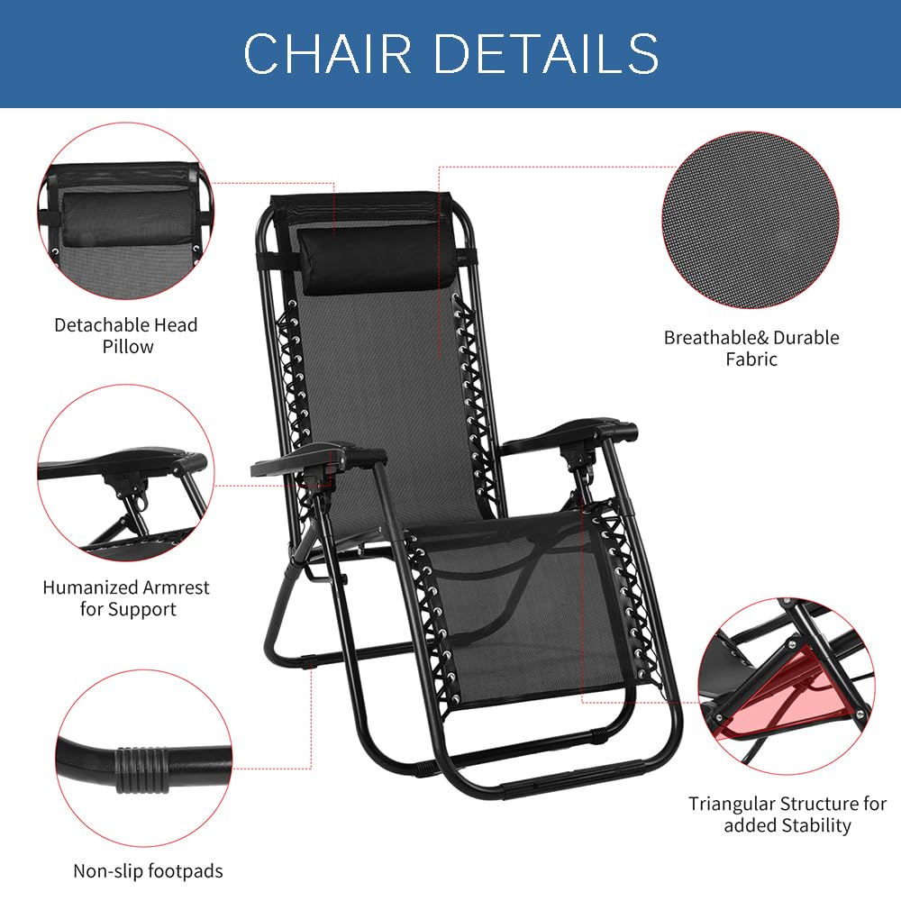 EZONE 1 Chair Zero Gravity Lounge Chairs Outdoor Adjustable Reclining Patio Chair Steel Mesh Folding Recliner for Pool Beach Camping Lounge Chair with Pillows and Cup Tray (1, Navy Blue)
