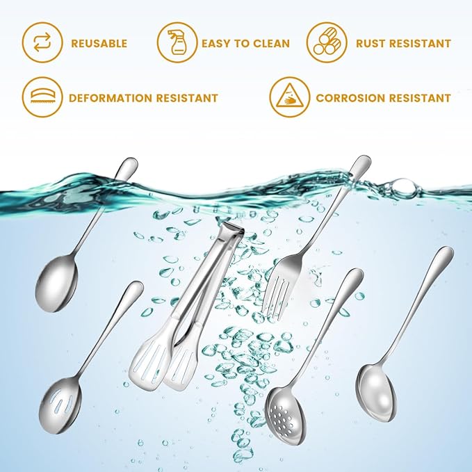 Serving Utensils Set for Partie, Silver Stainless Steel Metal Serveware Large Serving Spoons, Slotted Spoons, Forks, Tongs, Soup and Skimmer Spoon, Cake Server for Buffet, Catering, Entertaining 15pcs