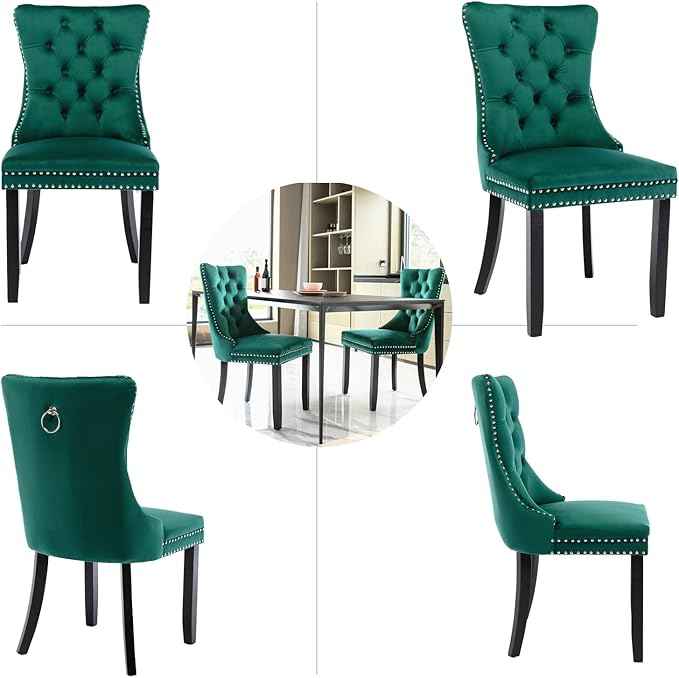 Green Velvet Dining Chairs Set of 2, Upholstered Dining Room Chairs with Back Ring Pull Trim and Solid Wood Legs, Tufted Wingback Kitchen Chairs for Dining Room,Living Room,Kitchen(Green)