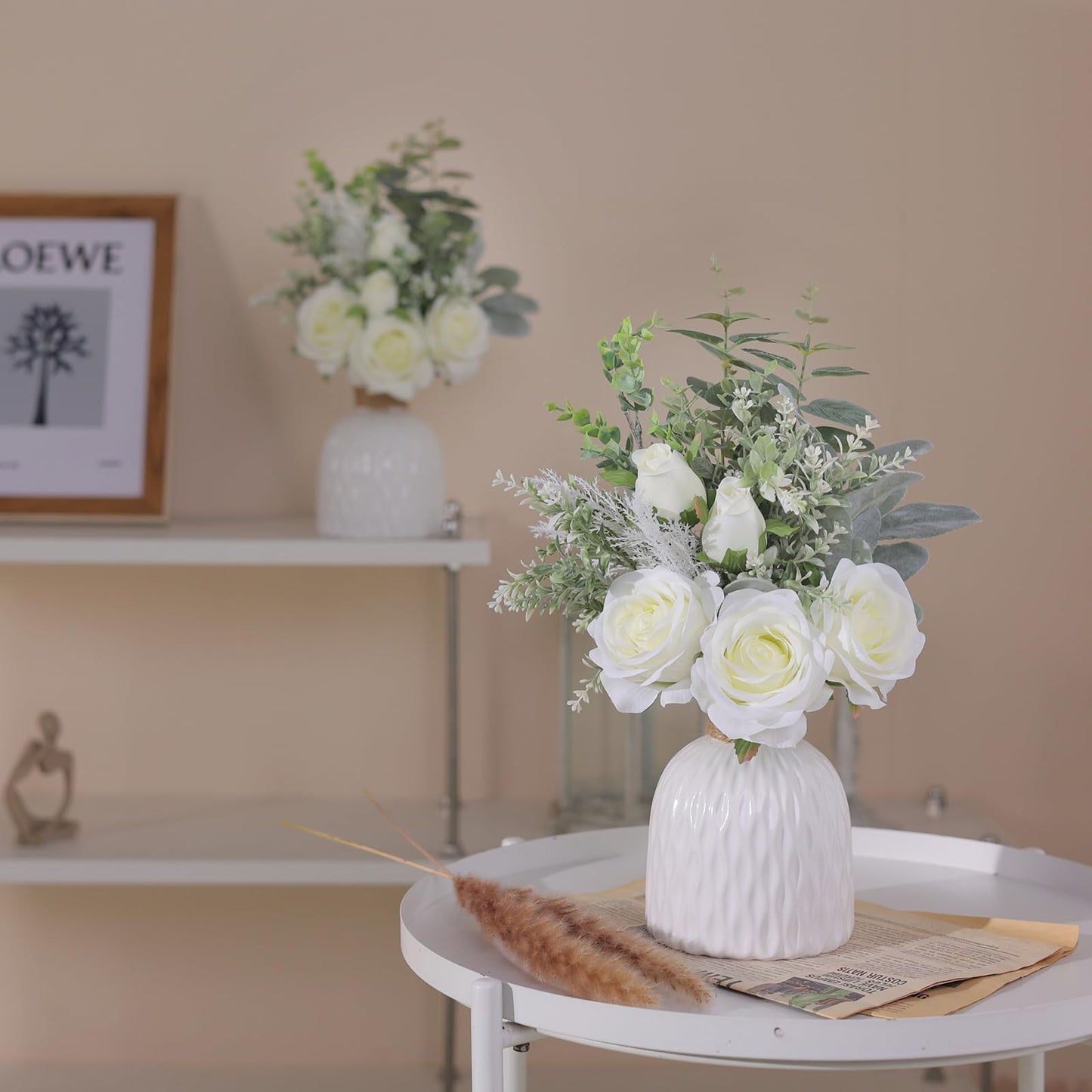 FOTEEWL Artificial Flowers with Ceramic Vase,Faux Silk Roses and Fake Plant Eucalyptus in Vase for Centerpiece Table Decorations, Living Room,Dining Table,Fireplace,Office,Farmhouse,Home Decor(White)