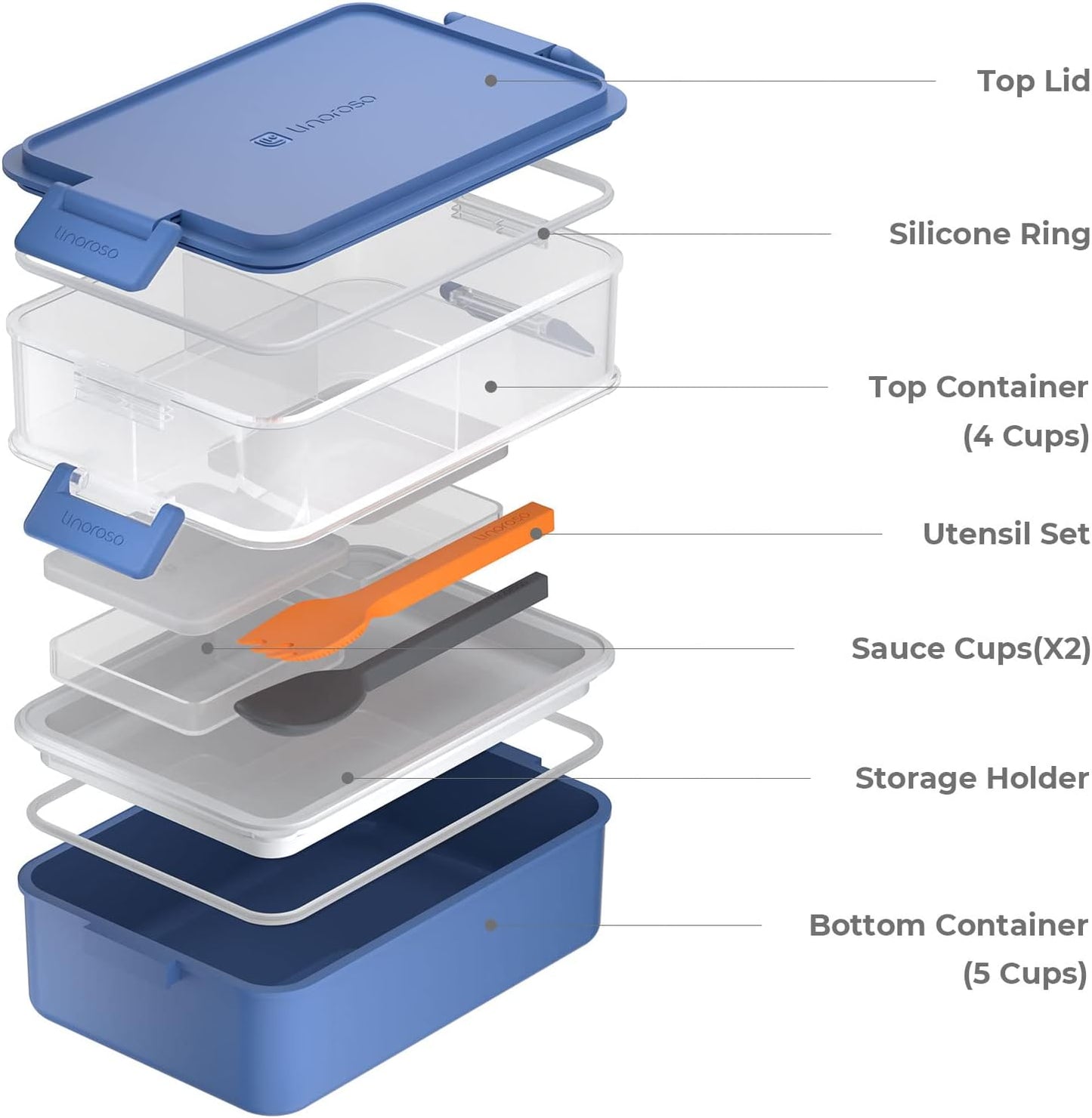 linoroso Stackable Bento Box Adult Lunch Box | Meet All You On-the-Go Needs for Food, Salad and Snack Box, Premium Bento Lunch Box for Adults Include Utensil Set, Dressing Containers - Classic Blue