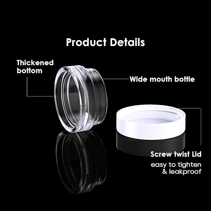 50 Pack 3 Gram Sample Containers with White Lids, Small Plastic Cosmetic Jars, Makeup Travel Container Jar for Cream, Bead, Eye Shadow, Lotions, Powders, Glitters Lip Gloss with Labels,Spatulas