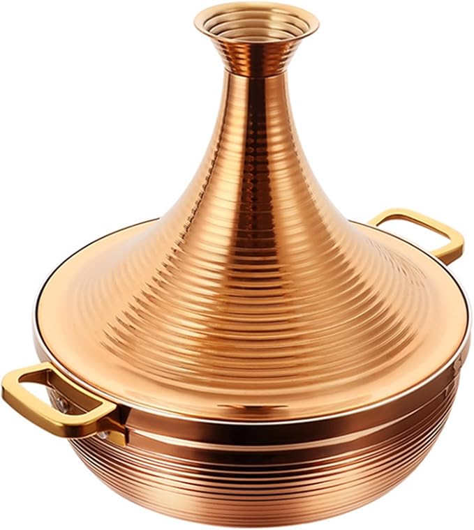 Stainless Steel Moroccan Tagine Pot, Large Moroccan Tajine Casserole with Cone-Shaped Lid, Non Stick Tagine Cooking Pot with 2 Handles(26cm/10.2in, Gold)